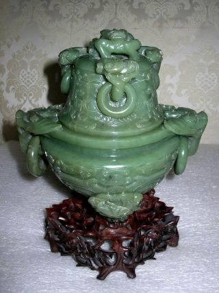 Large Chinese Carved Jade Censer Incense Burner On Stand