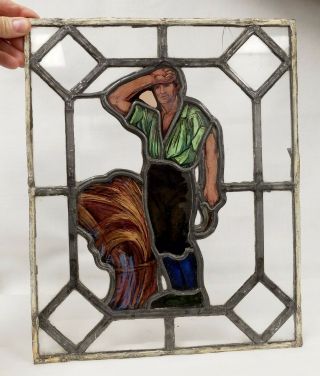 Antique Figural Stained Glass Window - Farmer Man