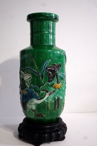Vintage Wang Bingrong? Chinese Sancai Pottery 9  Vase Crane,  Lotus Flower