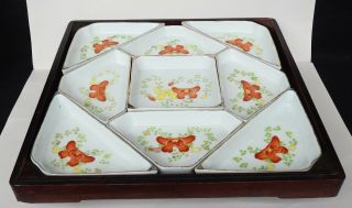 Antique Chinese Porcelain Divided Compartment Dishes in Wood Box on Lazy Susan 2