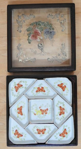 Antique Chinese Porcelain Divided Compartment Dishes in Wood Box on Lazy Susan 3