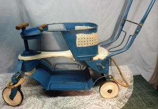 Vintage Taylor Tot P55 Blue Metal Wood Baby Stroller Walker 1951 Retro
