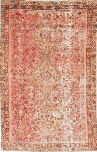 Antique Evenly Worn Old Qashqai Persian Tribal Pink Oriental Wool Area Rug 6 