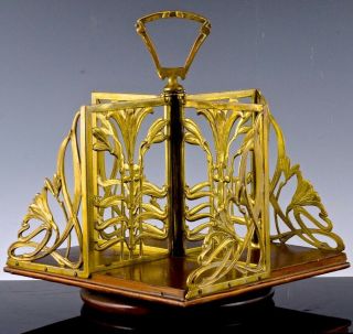 Gorgeous C1880 Art Nouveau Gold Gilt Bronze Solid Oak Revolving Book Stand
