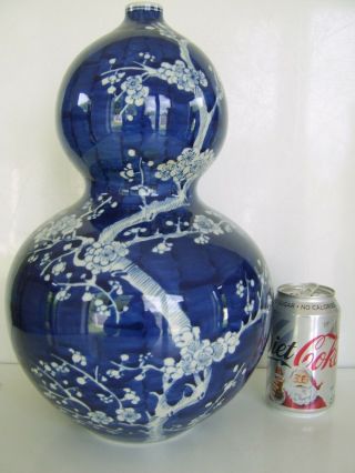X Large Early Chinese Antique Prunus Gourd Vase Blue White Superior Decoration