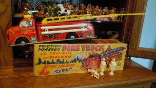 Marx Tin Litho Fire Truck In The Box Complete With All Plastic Figures