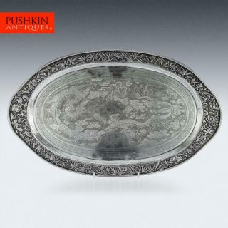 Antique 19thc Chinese Solid Silver Salver Dragon Tray C.  1870