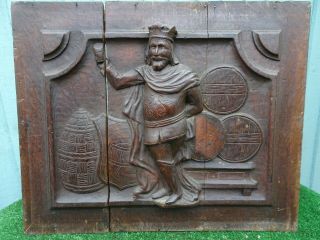 17thc Gothic & Medieval Wooden Oak Panel With Central King Figure C1680s