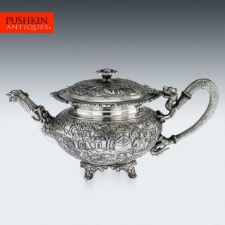 Antique 19thc Chinese Export Solid Silver Exceptional Teapot,  Wang Hing C.  1890