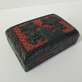 Chinese Floral Carved Black Cinnabar Lacquer Enamel Humidor Box 6 " X 4 " X 2 " Euc