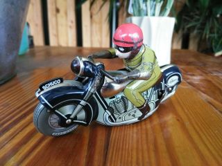 Vintage Schuco Litho Wind - Up Tin Toy Motorcycle Number 6 Rider.