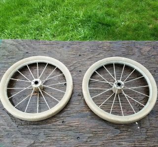 2 Vintage Metal Spoke Buggy Wagon Stroller Carriage Hard Rubber Wheels 11 