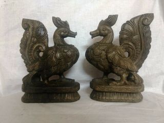 Hand Carved Peacock Pair Statue Swan Bird Sculpture Vintage Figurine Home Decor