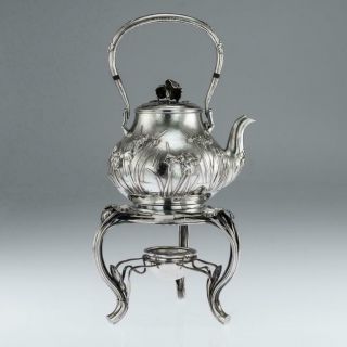 ANTIQUE 20thC JAPANESE SOLID SILVER TEA KETTLE ON STAND c.  1900 2