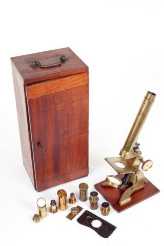 Vintage C1880 " J & C.  Robbins " Brass Microscope With Case And Accessories