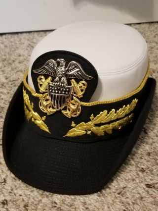 Usn Us Navy Admiral Dress White Cover Hat Sz 22 1/2 Female Officer Kingform Cap