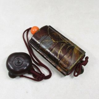 F716: Japanese Old Lacquered Pillbox Inro With Makie And Wonderful Netsuke,  Etc