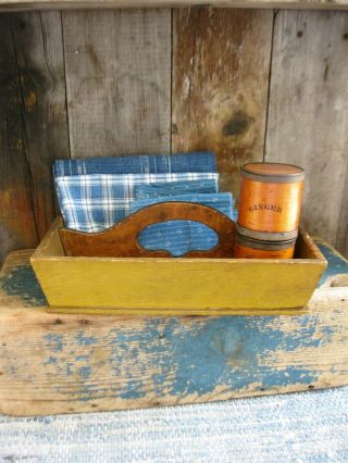 Antique Wood Utensil Tote Knife Tray Mustard Paint