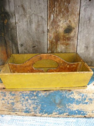 Antique Wood Utensil Tote Knife Tray Mustard Paint 3