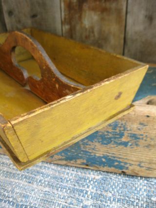 Antique Wood Utensil Tote Knife Tray Mustard Paint 4