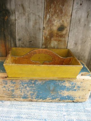 Antique Wood Utensil Tote Knife Tray Mustard Paint 5