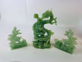 3 Pc Set Jade Green Acrylic Resin Buddha & Dragon Statue - Glow In The Dark