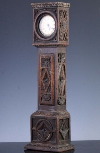 FINE c1860 VICTORIAN TREEN GRANDFATHER CLOCK FORM OAK POCKET WATCH STAND HUTCH 2