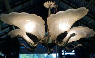 French Art Deco Slip Shade Frosted Glass Brass Peacock Light Fixture Chandelier