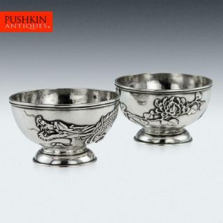 Antique 19thc Chinese Export Solid Silver Dragon Bowls,  Tuck Chang C.  1880
