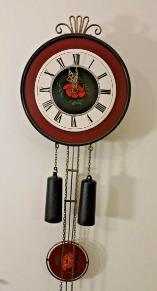 Vintage Metallic Orfac Wall Clock With Painting And Long Pendulum (1974)
