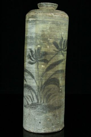 May030 Korean Late Joseon Pottery Grass Design Hakeme Meiping Vase Bottle