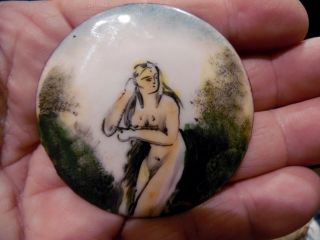 Primitive Miniature Hand Painted Nude On A Copper Disk,  Mid 1800 