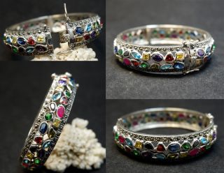 Awesome Nok Phra Gow 9 Colors Sapphire 925 Sterling Silver Bangle Thai Amulet