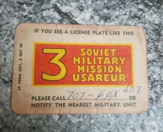 Rare 1960 Us Army Europesoviet Military Mission Usareur License Plate Card 1