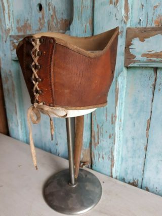 Very RARE small Child antique leather iron medical corset,  scoliosis,  polio,  marked 4