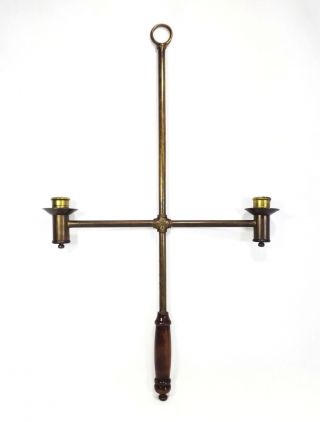 Rare Early 20th C Arts & Crafts Hanging Brass Double Candle Holder W/wood Handle