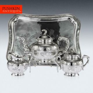 Antique 20thc Chinese Solid Silver 3 Piece Tea Set On Tray C.  1910