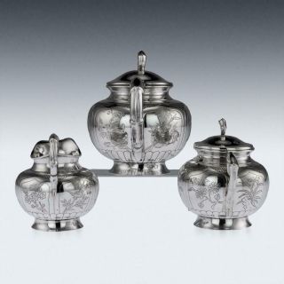 ANTIQUE 20thC CHINESE SOLID SILVER 3 PIECE TEA SET ON TRAY c.  1910 2