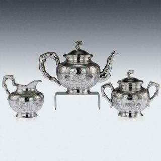 ANTIQUE 20thC CHINESE SOLID SILVER 3 PIECE TEA SET ON TRAY c.  1910 3