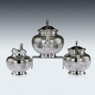 ANTIQUE 20thC CHINESE SOLID SILVER 3 PIECE TEA SET ON TRAY c.  1910 4