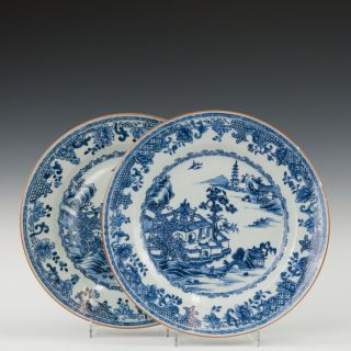 Fine Chinese Blue & White Plates,  Figures In River Landscape,  18th C
