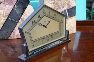 Vintage ABEC Art Deco Mantle Clock 1920 ' s Geometric Chrome Clock 8 Day 12