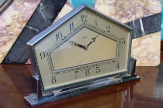 Vintage ABEC Art Deco Mantle Clock 1920 ' s Geometric Chrome Clock 8 Day 9