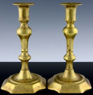 VERY RARE PAIR c1740 18thC GEORGIAN PERIOD BRASS ENGLISH DUTCH CANDLESTICKS 2 4