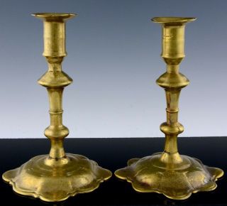 Very Rare Pair C1740 18thc Georgian Period Brass English Dutch Candlesticks 1