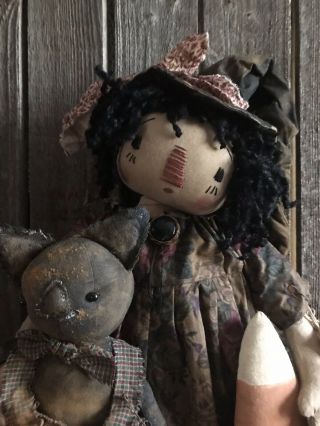 Primitive Raggedy Halloween Witch Doll Black Cat Candy Corn FolkArt Doll 3