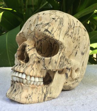 Hand Carved Wooden Sculpture Human Size Skull Realistic Wood Carving Unique 2