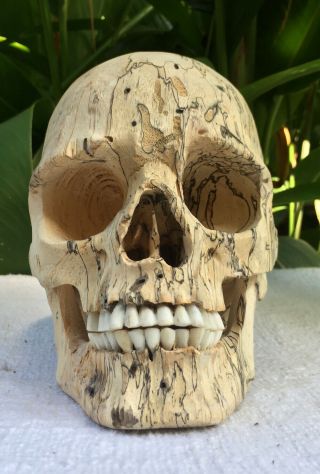 Hand Carved Wooden Sculpture Human Size Skull Realistic Wood Carving Unique 4