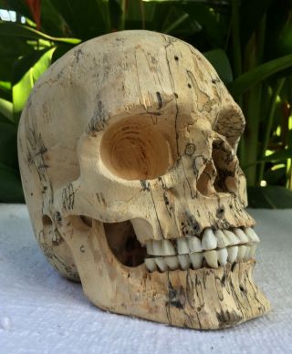 Hand Carved Wooden Sculpture Human Size Skull Realistic Wood Carving Unique 8
