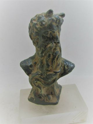 Unusual Ancient Roman Bronze Statuette Male Bust With Horns On Head